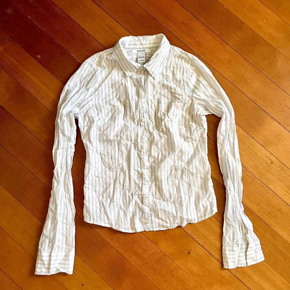 Abercrombie & Fitch Y2K Fitted White w/ Blue & Pink Pinstripe Button-Up, Size L